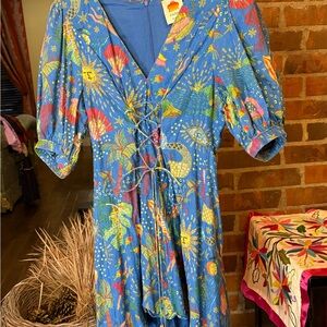 Farm Rio Blue Tropical Print Lace-Up Dress Swiss dot fabric. Pre-loved.